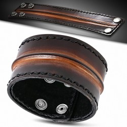 Bracelet en cuir marron cousu à armure élastique avec boutons pression