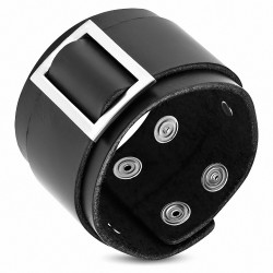 Bracelet double bande en cuir noir avec boucle de ceinture argentée et bouton pression