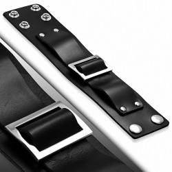 Bracelet double bande en cuir noir avec boucle de ceinture argentée et bouton pression