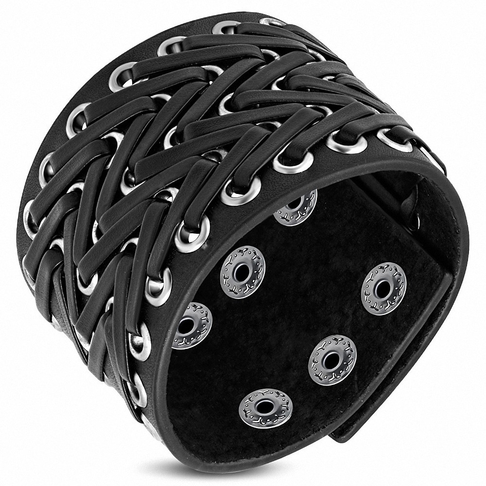 Bracelet de force en cuir noir avec rivets  et lanières noires en chevrons