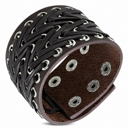 Bracelet de force en cuir marron avec rivets  et lanières noires en chevrons