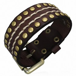 Bracelet en cuir marron avec boucle de ceinture et double rangée de rivets