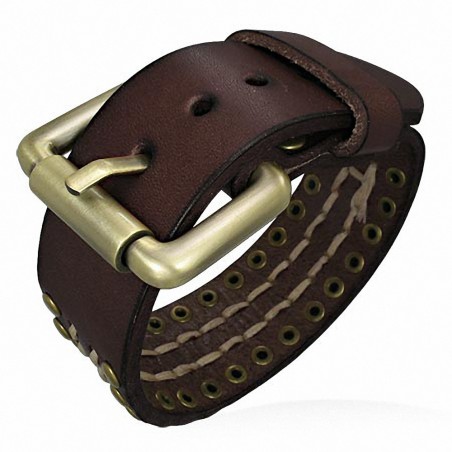 Bracelet en cuir marron avec boucle de ceinture et double rangée de rivets