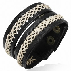 Bracelet lanière en cuir noir avec cordon de serrage