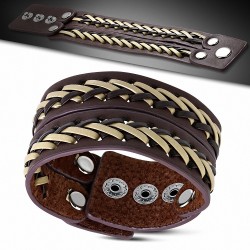 Bracelet double en cuir chocolat  et lanières croisées noires et beigne