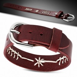 Bracelet avec boucle de ceinture en cuir fleur rouge véritable