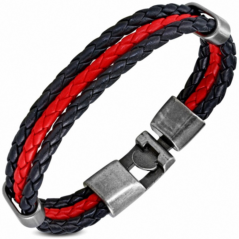 Bracelet à deux rangées en cuir PU tressé noir et rouge