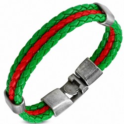 Bracelet fantaisie à trois rangées en cuir PU tressé vert et rouge