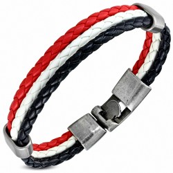 Bracelet fantaisie à trois rangées en cuir PU tressé rouge blanc noir