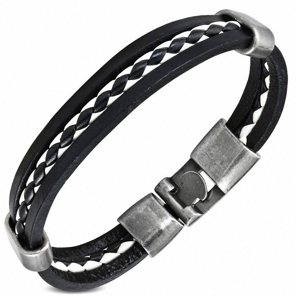 Bracelet fantaisie à trois rangées en cuir PU tressé noir et blanc