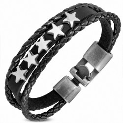 Bracelet fantaisie à trois rangs en cuir PU tressé noir à trois rangées