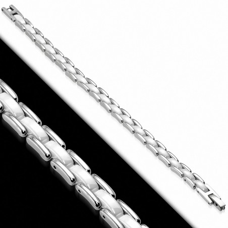 Bracelet à maillons en acier inoxydable avec canal ovale en céramique blanche