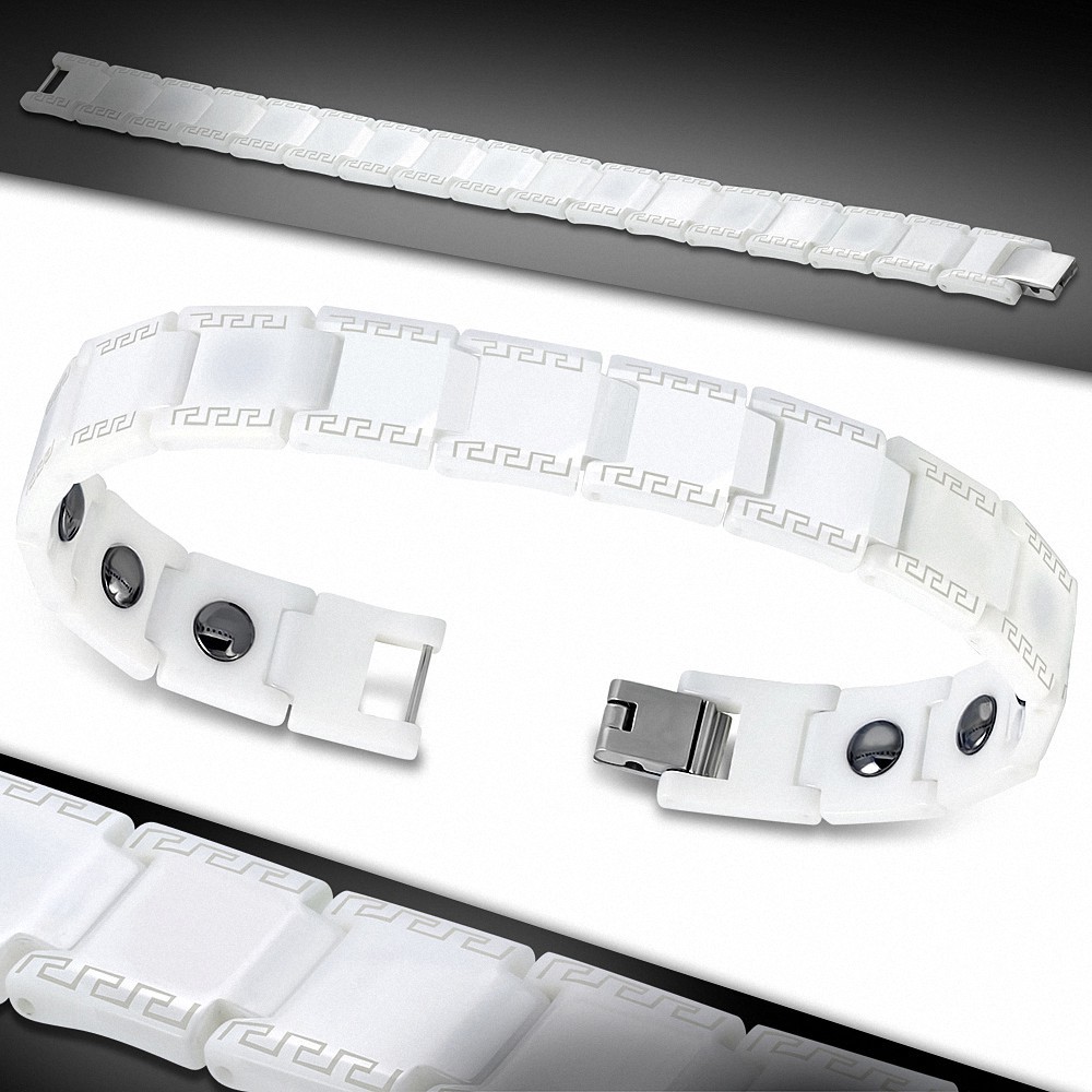12mm | Bracelet magnétique à maillons en céramique blanche 2 tons avec clé grecque