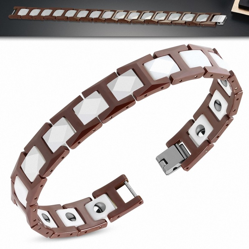 12mm | Bracelet magnétique à mailles en céramique marron et blanc