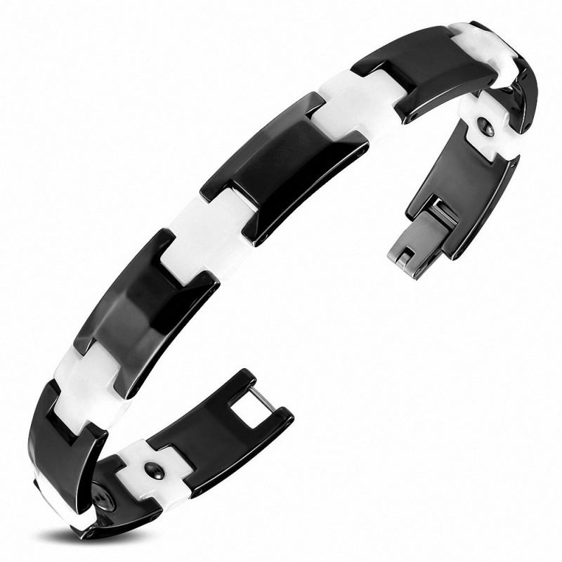 L-19cm L-10mm | Bracelet lien panthère croix en céramique noir et blanc