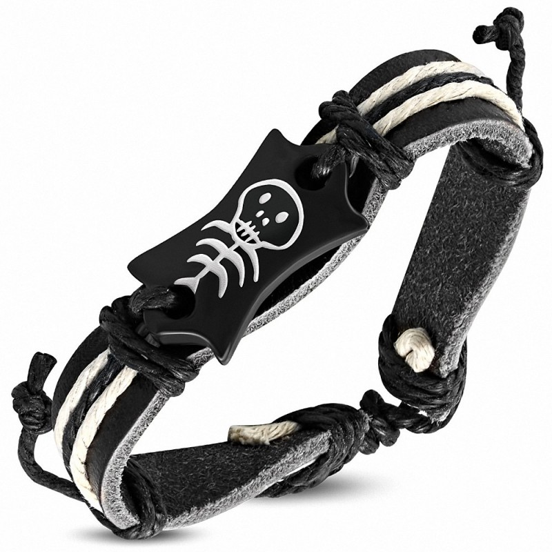 Bracelet de style montre en cuir noir et crâne en os
