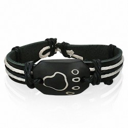 Bracelet style montre en cuir noir avec corde noire blanche et empreinte de pas