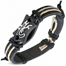 Bracelet style montre en cuir noir avec corde noire blanche et Lucky Lizard