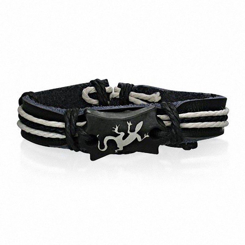 Bracelet style montre en cuir noir avec corde noire blanche et Lézard