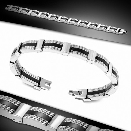 Bracelet à maillons panthère en acier inoxydable avec caoutchouc noir 119