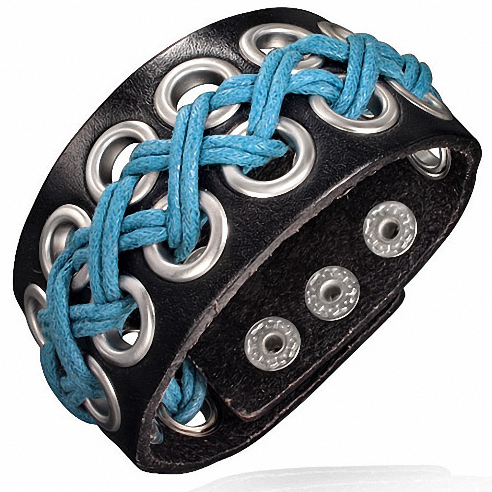 Bracelet de force en cuir noir avec rivets et cordes croisées turquoise