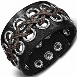 Bracelet manchette ajourée en cuir avec lanières croisées et cordes