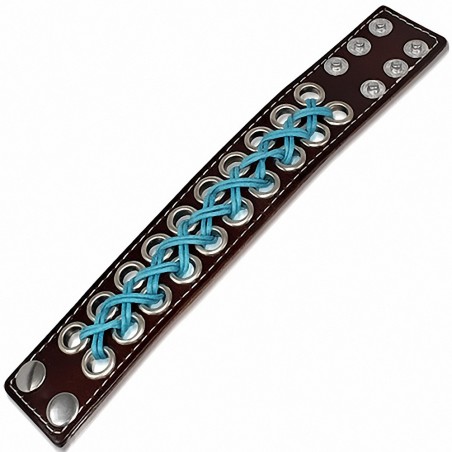 Bracelet de force en cuir marron avec cordes croisées turquoise et rivets