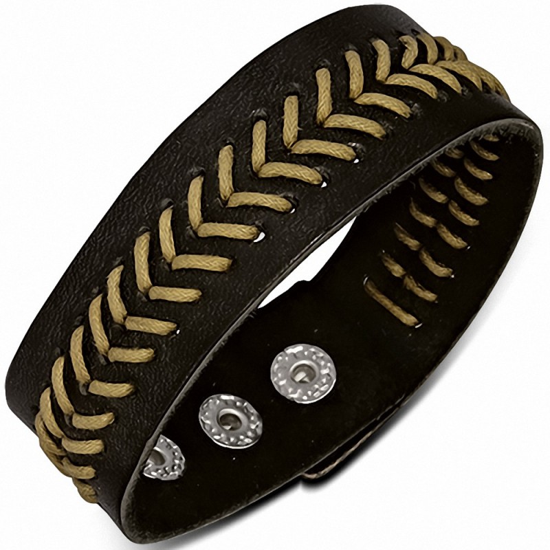 Bracelet en cuir noir avec corde beige en chevrons