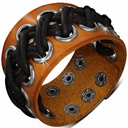 Bracelet de force en cuir clair avec cordes croisées noires et rivets