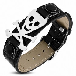 Bracelet en cuir avec boucle de ceinture en cuir et tête de mort de pirate en acier inoxydable