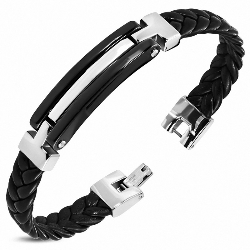 Bracelet en cuir tressé tressé en PVC avec montre en acier inoxydable à deux tons