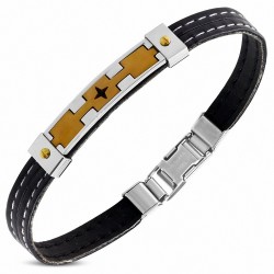 Bracelet en cuir noir avec montre en acier inoxydable 3 étoiles en forme de croix