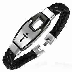 Bracelet en cuir tressé tressé noir PVC avec montre de style croix en acier inoxydable à 2 tons
