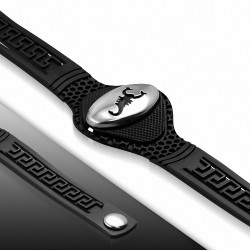 Bracelet caoutchouc noir motif clé grecque et plaque ovale en acier inoxydable Scorpion Zodiac fermeture à pression