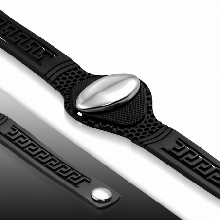 Bracelet à pression en caoutchouc noir avec acier inoxydable gravable identifiant ID clé grecque - Style
