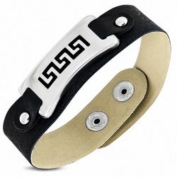 Bracelet à pression en cuir PVC avec montre en acier inoxydable à clés grecques découpées