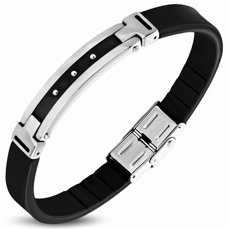 L-23.5cm L-10mm | Bracelet en caoutchouc noir avec montre en acier inoxydable 2 tons