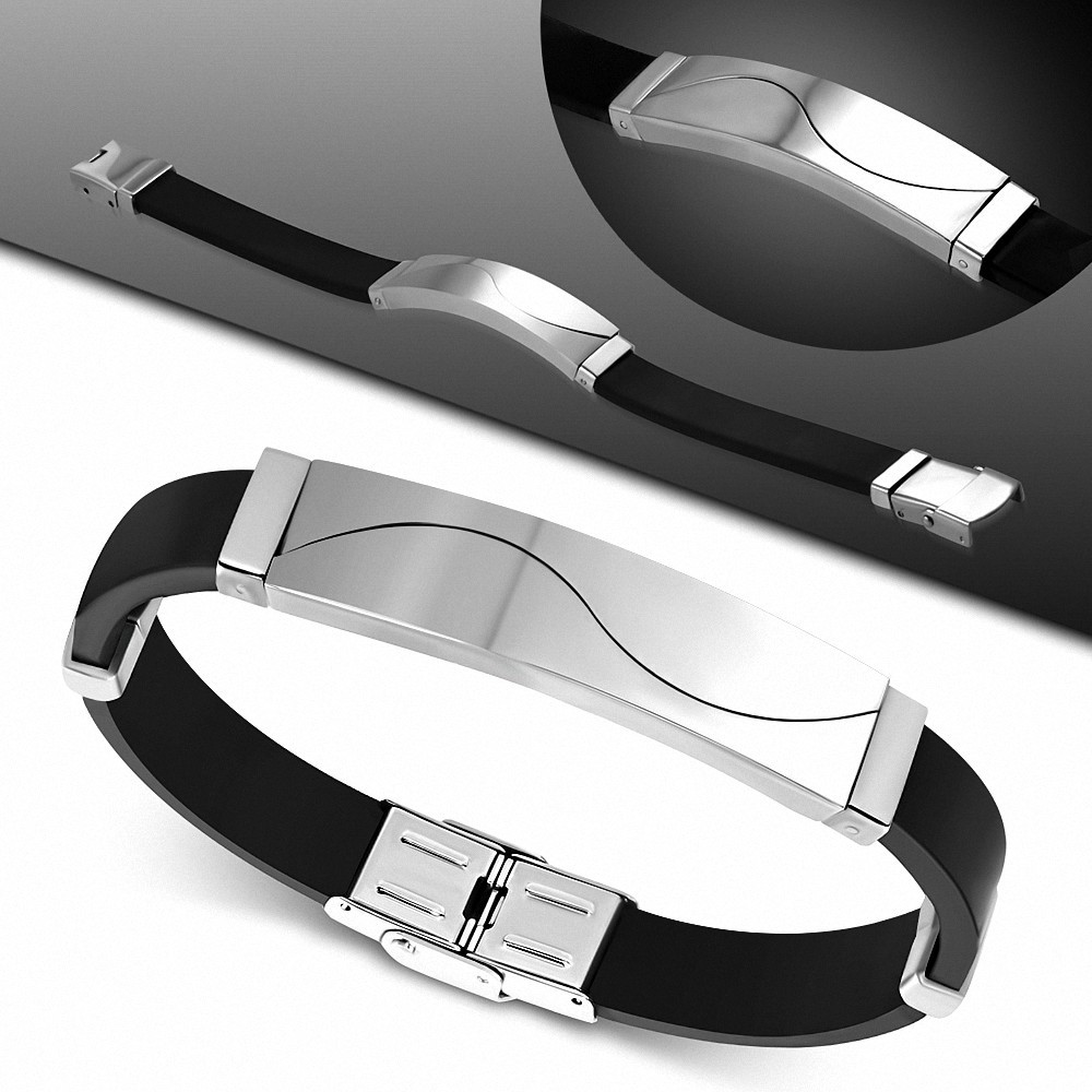 Bracelet en caoutchouc noir avec montre en acier inoxydable style puzzle