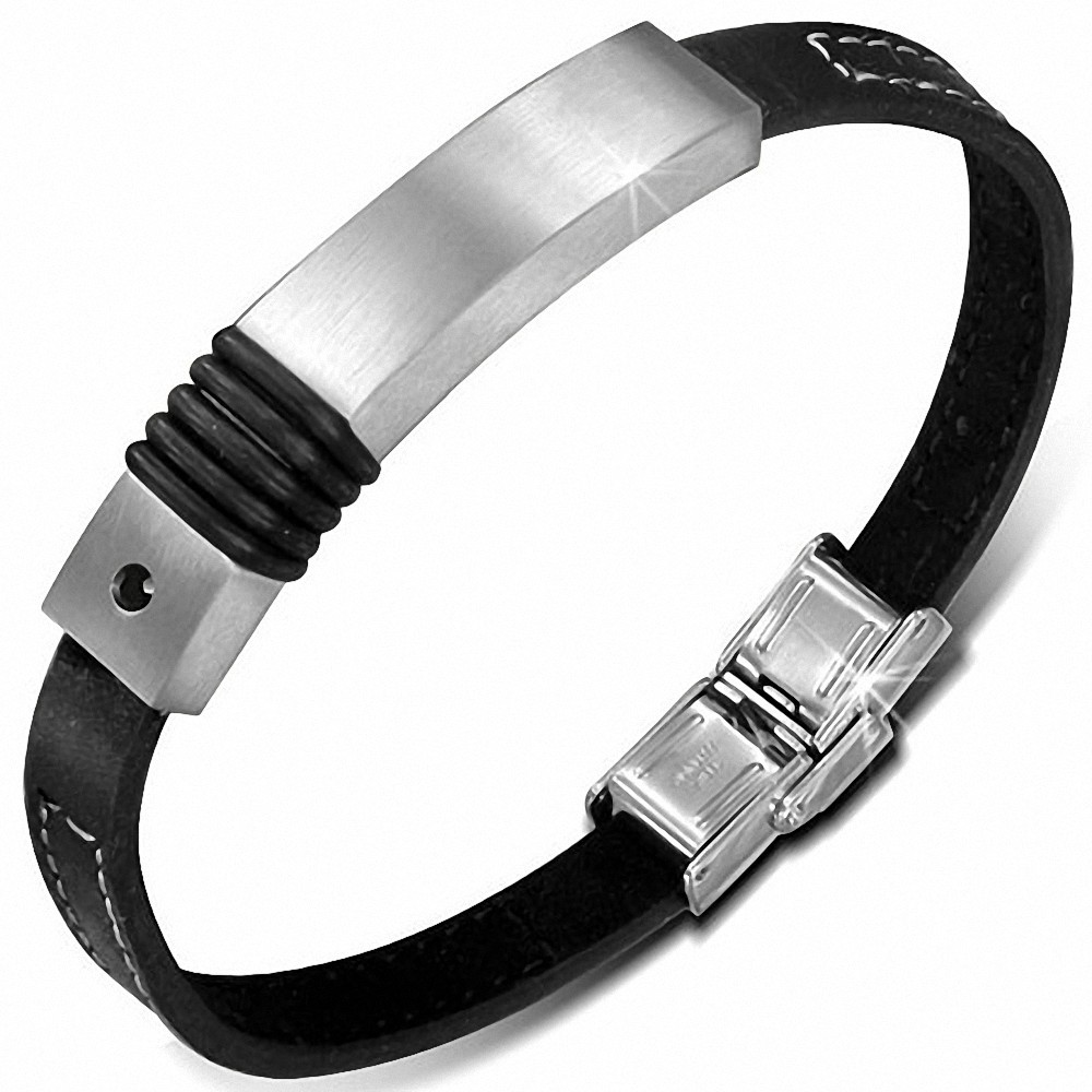 Bracelet en cuir avec montre en acier inoxydable gravée 2 tons