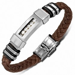 Bracelet en cuir tressé brun avec bracelet en acier inoxydable serti de chaînes strass et caoutchouc noir