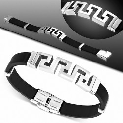 Bracelet en caoutchouc noir avec montre en acier inoxydable à clés grecques découpées