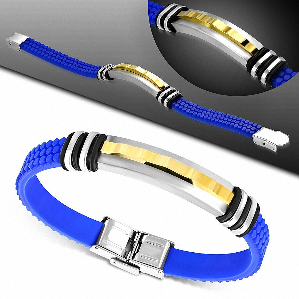 Bracelet en caoutchouc bleu avec montre en acier inoxydable à finition mate 2 tons A