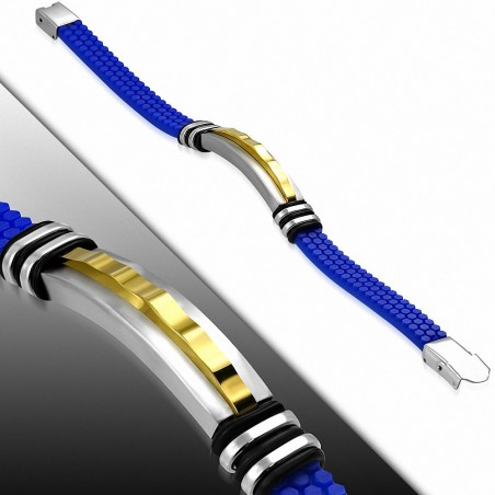Bracelet en caoutchouc bleu avec montre en acier inoxydable à finition mate 2 tons A