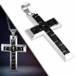 Pendentif croix argentée motif clé grecque noire en acier inoxydable