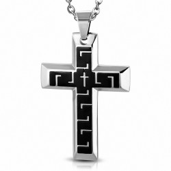 Pendentif croix argentée motif clé grecque noire en acier inoxydable