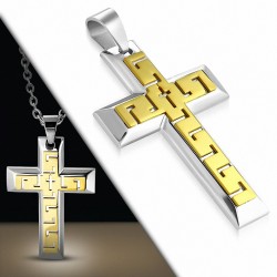 Pendentif croix argentée motif clé grecque dorée en acier inoxydable