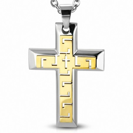 Pendentif croix argentée motif clé grecque dorée en acier inoxydable