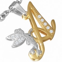 Pendentif en acier inoxydable Ange gardien fée minuscule argentée sur lettre A rosée avec strass