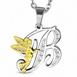 Pendentif en acier inoxydable Ange gardien fée minuscule dorée sur lettre B argentée avec strass