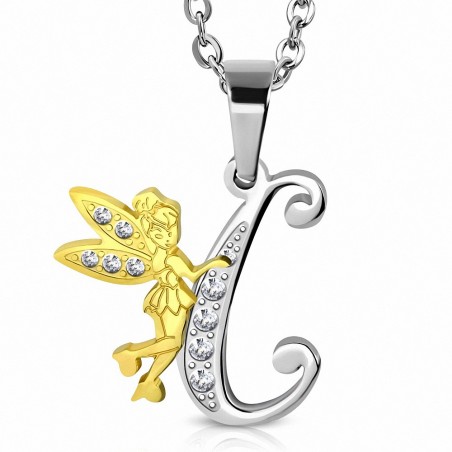 Pendentif en acier inoxydable Ange gardien fée minuscule dorée sur lettre C argentée avec strass